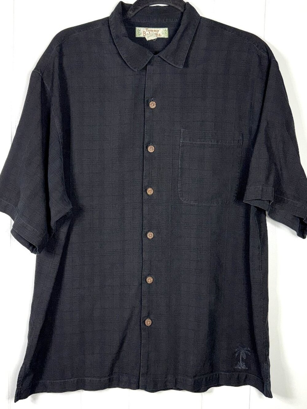 Tommy Bahama Black 100% Silk Button-Down Camp Shirt Short Sleeve Palm Tree Men L
